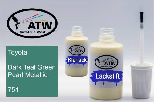 Toyota, Dark Teal Green Pearl Metallic, 751: 20ml Lackstift + 20ml Klarlack - Set, von ATW Autoteile West.